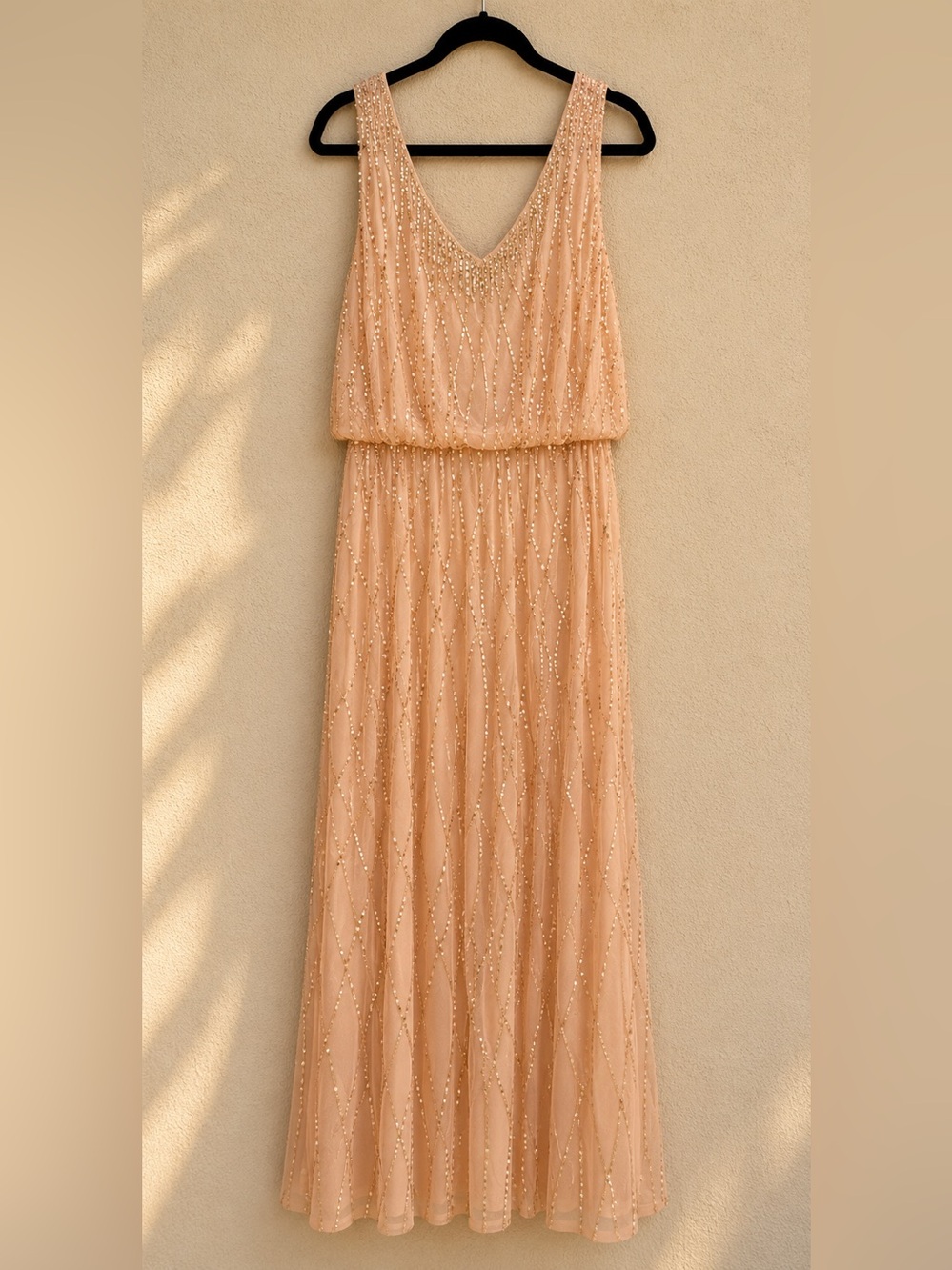 Adrianna Papell Beaded Blush Pink Formal Maxi Dress | Bridesmaid | US 14